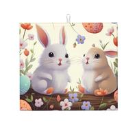 Tappetino scolapiatti con stampa di fiori, coniglietti e uccelli, per bancone della cucina, 40,6 x 45,7 cm, in microfibra, assorbente, ad asciugatura rapida, tappetino scolapiatti con anello per