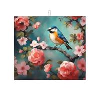 Tappetino scolapiatti con stampa di fiori, uccelli e farfalle, per bancone della cucina, 40,6 x 45,7 cm, in microfibra, assorbente, ad asciugatura rapida, tappetino scolapiatti con anello per