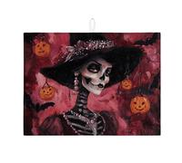 Tappetino scolapiatti con teschio di Halloween, per bancone della cucina, motivo strega rossa spettrale, assorbente, tappetino scolapiatti in microfibra gotico per decorazione bancone della cucina