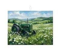 Tappetino scolapiatti con trattore verde, tappetino assorbente per scolapiatti rustico in microfibra, motivo floreale primaverile, per proteggere il bancone della cucina, 45,7 x 61 cm