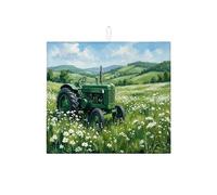 Tappetino scolapiatti con trattore verde, tappetino assorbente per scolapiatti rustico in microfibra, motivo floreale primaverile, per proteggere il bancone della cucina, 40,6 x 45,7 cm