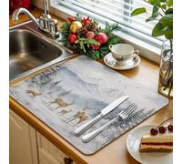 Tappetino scolapiatti da cucina con cervi invernali, 1 pezzo, motivo natalizio, campagna, montagna, foresta, pino, neve, uccello, assorbente, scolapiatti per lavello da cucina, 40,6 x 45,7 cm