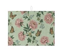 Tappetino scolapiatti floreale per bancone della cucina, color pesca, peonia, farfalla, assorbente, tappetino scolapiatti in microfibra vintage primaverile, protezione 45,7 x 61 cm