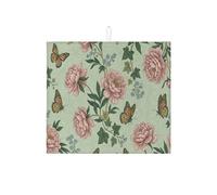 Tappetino scolapiatti floreale per bancone della cucina, color pesca, peonia, farfalla, assorbente, tappetino scolapiatti in microfibra vintage primaverile, protezione 40,6 x 45,7 cm