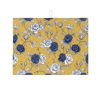 Tappetino scolapiatti floreale per bancone della cucina, con rose blu e bianche, assorbente, tappetino scolapiatti vintage primaverile in microfibra per protezione bar 45,7 x 61 cm