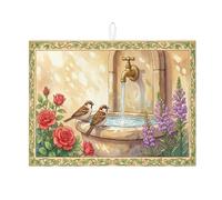 Tappetino scolapiatti floreale per bancone della cucina, design vintage con rose e uccellini, tappetino scolapiatti assorbente in microfibra primaverile per protezione della cucina, 45,7 x 61 cm
