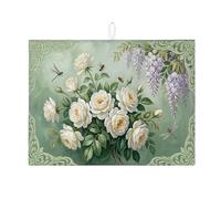 Tappetino scolapiatti floreale per bancone della cucina, elegante tappetino assorbente per scolapiatti con rosa bianca, tappetino in microfibra botanico vintage per bancone della cucina, decorazione