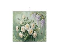 Tappetino scolapiatti floreale per bancone della cucina, elegante tappetino assorbente per scolapiatti con rosa bianca, tappetino in microfibra botanico vintage per bancone della cucina, decorazione