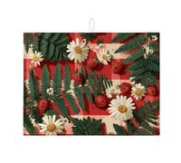 Tappetino scolapiatti floreale per bancone della cucina, felci rosse e coccinelle vintage assorbenti, tappetino scolapiatti estivo in microfibra per bancone della cucina, protezione da bar, 45 x 61 cm