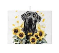 Tappetino scolapiatti floreale per bancone della cucina, motivo cane da laboratorio nero con girasoli assorbente, tappetino scolapiatti stagionale in microfibra per decorazione bancone della cucina