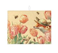 Tappetino scolapiatti floreale per bancone della cucina, tappetino assorbente vintage con volpe e tulipani, tappetino scolapiatti in microfibra primaverile per bancone della cucina, protezione da bar