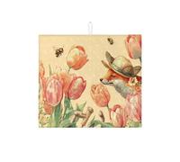 Tappetino scolapiatti floreale per bancone della cucina, tappetino assorbente vintage con volpe e tulipani, tappetino scolapiatti in microfibra primaverile per bancone della cucina, protezione da bar