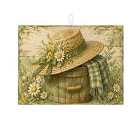 Tappetino scolapiatti floreale per bancone della cucina, verde rustico cappello di paglia assorbente, tappetino scolapiatti in microfibra vintage primaverile per bancone della cucina, decorazione per