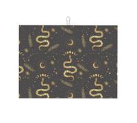 Tappetino scolapiatti grande per bancone della cucina, in microfibra, assorbente, per bancone della cucina, divertente motivo gotico, serpente dorato, luna, 45 x 61 cm, con anello per appendere