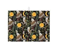 Tappetino scolapiatti grande per bancone della cucina, in microfibra, assorbente, per bancone della cucina, motivo: gufo, luna, fiori, 45,7 x 61 cm, con anello per appendere