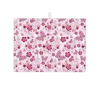 Tappetino scolapiatti grande per bancone della cucina, in microfibra, assorbente, per bancone della cucina, motivo floreale e farfalla, rosa, 45,7 x 61 cm, con anello per appendere