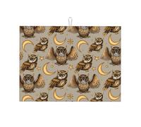 Tappetino scolapiatti grande per bancone della cucina, in microfibra, assorbente, per bancone della cucina, con luna, stelle, gufi, 45 x 61 cm, con anello per appendere
