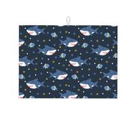 Tappetino scolapiatti grande per bancone della cucina, in microfibra, assorbente, per bancone della cucina, motivo: squalo felice, 45 x 61 cm, con anello per appendere