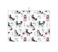 Tappetino scolapiatti grande per bancone della cucina, in microfibra, assorbente, per bancone della cucina, con simpatico cane husky, 45 x 61 cm, con anello per appendere