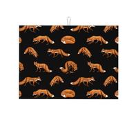 Tappetino scolapiatti grande per bancone della cucina, in microfibra, assorbente, per bancone della cucina, motivo volpe, nero, 45 x 61 cm, con anello per appendere