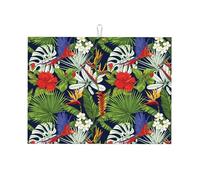 Tappetino scolapiatti grande per bancone della cucina, in microfibra, assorbente, per bancone della cucina, pianta tropicale, grazioso pappagallo colorato, 45,7 x 61 cm, con anello per appendere
