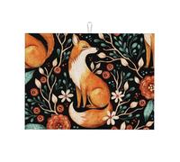 Tappetino scolapiatti grande per bancone della cucina, in microfibra, assorbente, per bancone della cucina, motivo: volpe autunnale, foresta e fiori, 45,7 x 61 cm, con anello per appendere