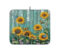 Tappetino scolapiatti in legno con girasoli e farfalla su vecchio color foglia di tè, per bancone della cucina, assorbente scolapiatti lavabile, per piano di lavoro, 46 x 41 cm