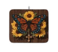 Tappetino scolapiatti in legno marrone con farfalla con girasoli per bancone della cucina, tappetino assorbente scolapiatti lavabile per piano di lavoro, 46 x 41 cm