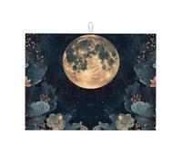 Tappetino scolapiatti in microfibra con fiori di loto e una grande luna, riutilizzabile, lavabile, accessorio da cucina, 45,7 x 61 cm
