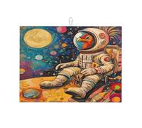 Tappetino scolapiatti in microfibra con motivo astronauta con gallo guarda l'universo, riutilizzabile, lavabile, per accessori da cucina, 45,7 x 61 cm