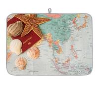 Tappetino scolapiatti in microfibra con stella marina, conchiglie, mappa, passaporto, assorbente, scolapiatti per cucina, cucchiaio, piatto di vetro, 40,6 x 45,7 cm