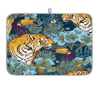 Tappetino scolapiatti in microfibra con tigre tropicale, tucano, assorbente, scolapiatti per cucina, cucchiaio, piatto di vetro, 40,6 x 45,7 cm