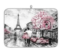 Tappetino scolapiatti in microfibra con Torre Eiffel di Parigi, con vista su strada, assorbente, scolapiatti per cucina, cucchiaio, piatto di vetro, 45,7 x 60,9 cm