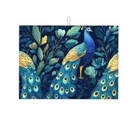 Tappetino scolapiatti in microfibra con tre pavoni su sfondo verde, grande, riutilizzabile, lavabile, per accessori da cucina, 45,7 x 61 cm