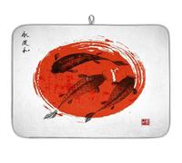 Tappetino scolapiatti in microfibra giapponese con carpe e sole rosso, assorbente giapponese, per scolapiatti da cucina, cucchiaio da cucina, piatto di vetro, 40,6 x 45,7 cm