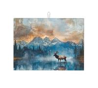 Tappetino scolapiatti in microfibra, grande, riutilizzabile, lavabile, con alce e lago, accessorio da cucina, 45,7 x 61 cm