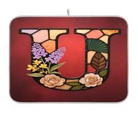 Tappetino scolapiatti in vetro con lettera U a forma di fiore per cucina, bancone della cucina, tappetino per asciugatrice per bottiglie, tappetino in microfibra XL, 18 x 24 cm