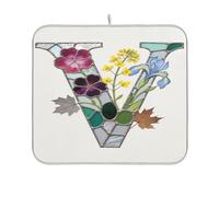 Tappetino scolapiatti in vetro con lettera V a forma di fiore, opaco, resistente al calore, 16 x 18 cm
