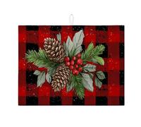 Tappetino scolapiatti natalizio per bancone della cucina, tappetino assorbente per scolapiatti a quadri di bufalo rosso, in microfibra, motivo foresta invernale, 45,7 x 61 cm