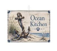 Tappetino scolapiatti nautico per bancone della cucina, tappetino assorbente per scolapiatti con ancora blu costiero, tappetino per scolapiatti estivo da spiaggia vintage in microfibra per decorazione