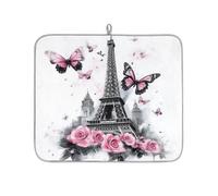 Tappetino scolapiatti per bancone della cucina, 40,6 x 45,7 cm, rosa, Torre Eiffel, farfalla, assorbente, in microfibra, antiscivolo, reversibile, per piano di lavoro, lavello da bar, caffetteria