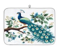 Tappetino scolapiatti per bancone della cucina, 45,7 x 61 cm, pavoni sul ramo paesaggio di piante, tappetino ad asciugatura rapida per macchina da caffè, scolapiatti, pieghevole con anello per