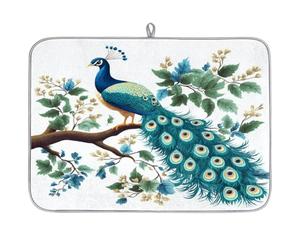 Tappetino scolapiatti per bancone della cucina, 45,7 x 61 cm, pavoni sul ramo paesaggio di piante, tappetino ad asciugatura rapida per macchina da caffè, scolapiatti, pieghevole con anello per