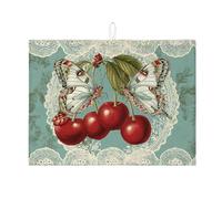 Tappetino scolapiatti per bancone della cucina, design con farfalle e ciliegie, tappetino per scolapiatti assorbente estetico vintage, tappetino scolapiatti in microfibra per la stagione primaverile