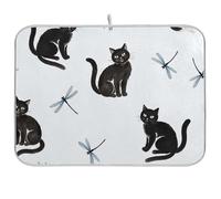Tappetino scolapiatti per bancone della cucina, gatti neri, libellula bianca, reversibile, scolapiatti tappetino da cucina 45,7 x 61 cm