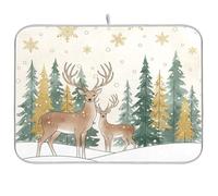 Tappetino scolapiatti per bancone della cucina, grande tappetino in microfibra per asciugare i piatti della foresta di Natale, cervi e fiocchi di neve dorati, 60 x 45 cm, scolapiatti assorbente per