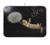 Tappetino scolapiatti per bancone della cucina, grande tappetino in microfibra per scolapiatti 40 x 45 cm, gatto su tarassaco mosche nel cielo notturno, scolapiatti assorbente per macchina da caffè