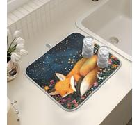 Tappetino scolapiatti per bancone della cucina, grande tappetino in microfibra per scolapiatti con volpe che dorme fiori 40 x 45 cm, tappetino assorbente per la protezione della macchina del caffè