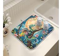 Tappetino scolapiatti per bancone della cucina, grande tappetino in microfibra per scolapiatti drago appollaiato luna 40 x 45 cm scolapiatti assorbente tappetino protettivo per macchina da caffè
