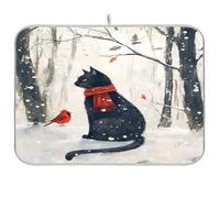 Tappetino scolapiatti per bancone della cucina, grande tappetino in microfibra per scolapiatti gatto nero seduto sulla neve, 40 x 45 cm, scolapiatti assorbente per macchina da caffè